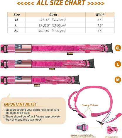 AUBELL Reflective Dog Collar, Tactical Dog Collar for Medium Dogs, Heavy Duty Dog Collars with Handle and Metal Buckle Great for Female Dogs Training, with Airtag case and 2 Patches(Pink, L)
