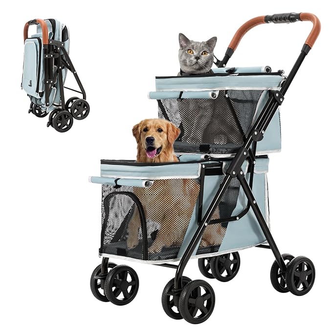 Double Pet Stroller for Dogs and Cats, One-Hand Folding Dog Stroller Travel Carriage for Small Medium Dogs Cats, 4 Wheels, Blue
