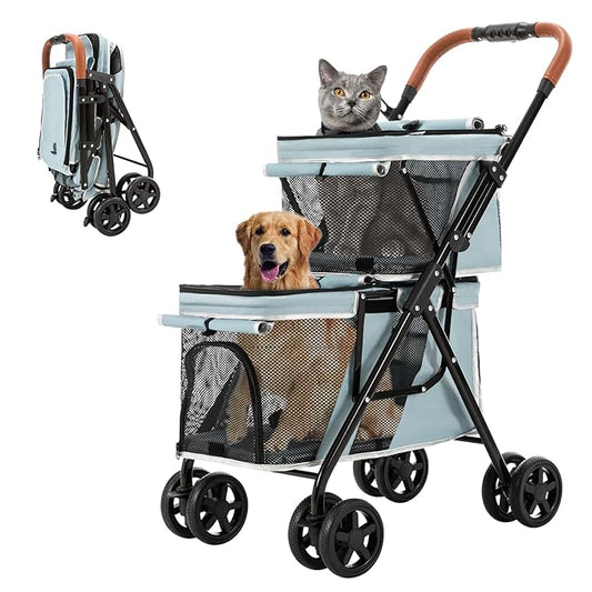 Double Pet Stroller for Dogs and Cats, One-Hand Folding Dog Stroller Travel Carriage for Small Medium Dogs Cats, 4 Wheels, Blue
