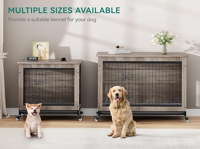 DWVO Dog Crate Furniture with Wheels, 27" Dog Kennel Indoor with Cushion, Dog Crate End Table with Tray, Dog Cage with Double Doors for Small Dog (Grey)