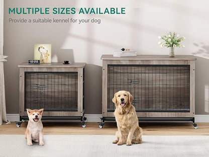 DWVO Dog Crate Furniture with Wheels, 27" Dog Kennel Indoor with Cushion, Dog Crate End Table with Tray, Dog Cage with Double Doors for Small Dog (Grey)