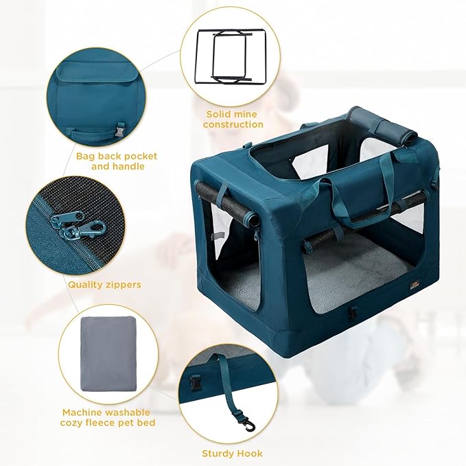 36 Inch Collapsible Soft Large Dog Crate, 3 Door Portable Dog Crates for Large Dogs, Soft Sided Dog Kennel with Chew Proof Mesh Windows, Dog House Indoor & Outdoor, Travel Dog Crate