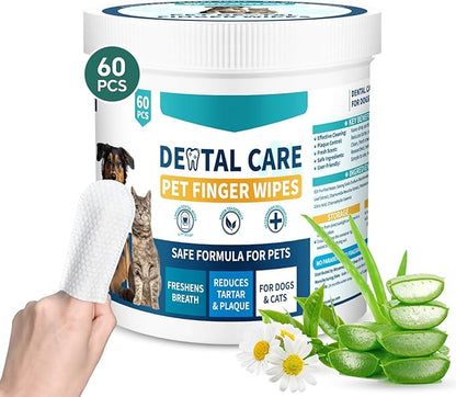 Pet Teeth Wipes for Dogs & Cats, Dog Tooth Cleaning Brushing Kit Dog Dental Wipes, 60Pcs Reduces Tartar & Plaque Fresh Breath Dog Teeth Cleaning Finger Toothbrush, Disposable Gentle Dog Teeth Wipes