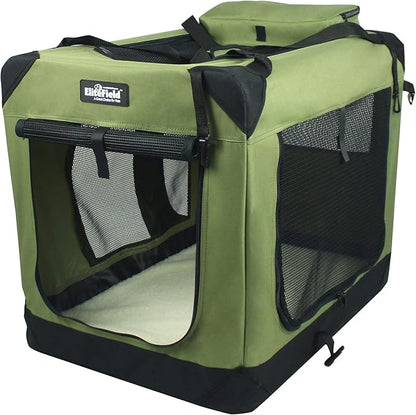 EliteField 3-Door Folding Soft Dog Crate with Carrying Bag and Fleece Bed (2 Year Warranty), Indoor & Outdoor Pet Home (42" L x 28" W x 32" H, Sage Green)