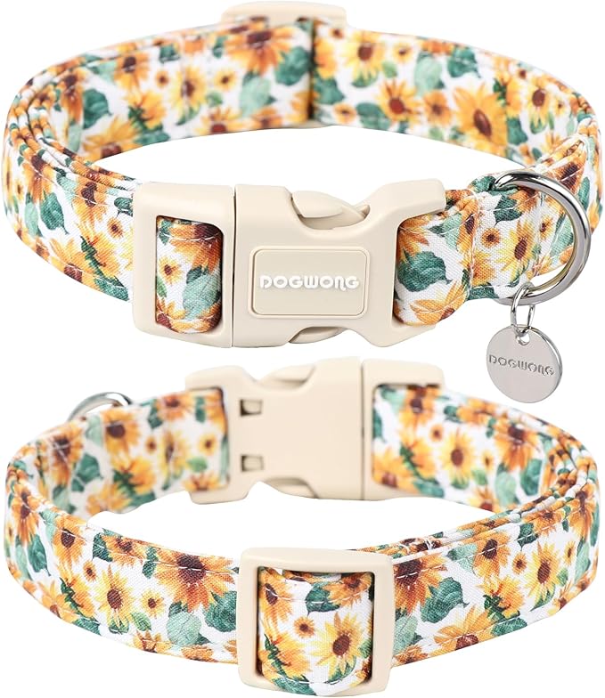 DOGWONG Female Cotton Dog Collar, Sunflower Spring Pet Dog Collars Cute Summer Puppy Necklace for Small Medium Large Dogs