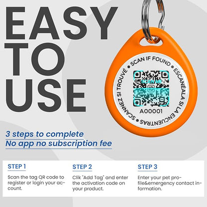 Dog Tags Personalized, QR Code Pet ID Tags for Dog Collar, Online Profile, Scan Location Alerts, Orange