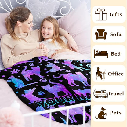 Personalized Cat Blanket Gift with Name for Girls Women Birthday, Soft & Cozy Animal Throw Blanket for Pets Babies Kids Cat Lovers, Custom 30x40 Inch Cute Fuzzy Throws for Lap Sofa Couch