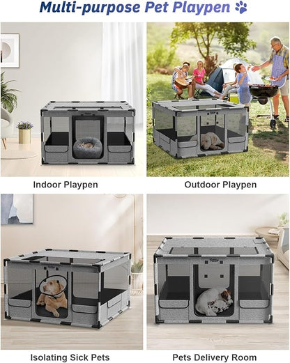 Dog Playpen, 43x43x26 Inches Puppy Playpen Portable with Top Cover, Thickened Fabric Tear Resistant Waterproof Bottom with Breathable Mesh Dog Fence for Indoor and Outdoor, Gray
