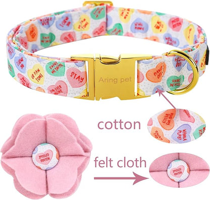 ARING PET Valentine's Day Dog Collar-Cute Dog Collar with Felt Flower, Adjustable Cotton Heart Dog Collars Pet Collars with Metal Buckle