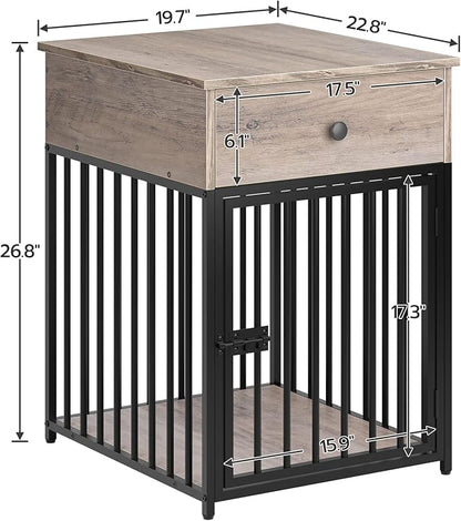 HOOBRO Dog Crate Furniture, Wooden Dog House, Decorative Dog Kennel with Drawer, Indoor Pet Crate End Table for Small Dog, Steel-Tube Puppy Cage, Chew-Proof, Greige BG01GW03
