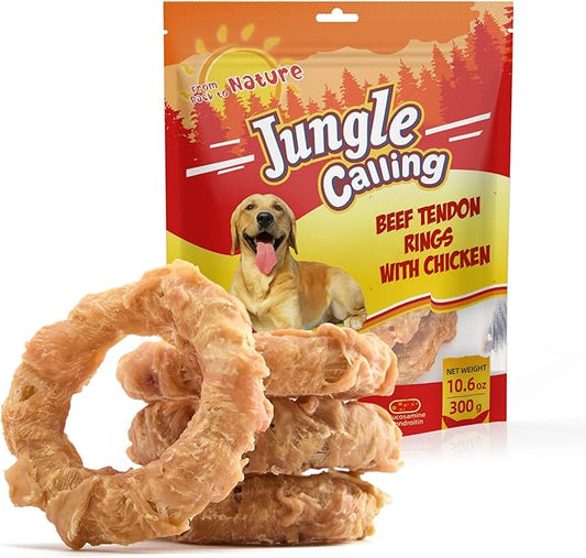 Jungle Calling Beef Tendons for Adult Dogs, Chicken Wrapped Tendons Dog Chews Long Lasting Hip and Joint Supplement for Dogs with Glucosamine (Ring)