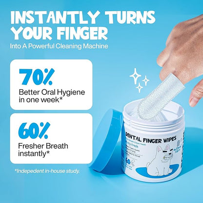 Teeth Cleaning Wipes 60 Packs - Dental Wipes to Reduce Plaque & Tartar for Dogs & Cats - Mint Pet Dental Wipes for Oral Freshness - Dog Tooth Brushing Kit Dental Wipes