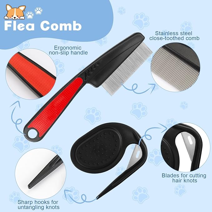 2PCS Flea Comb-Pet Knotting Comb, Tick Comb for Long Haired Pets- Remove Clumps Stainless Fine Tooth Dog Eye Comb Tear Stain Comb for Small Dogs Cat Pet Grooming Comb