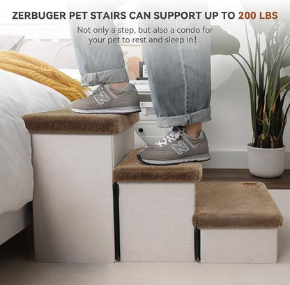 Dog Stairs with Furry Lids 17.5" H, 3-Step Wider Dog Steps with Storage for Small/Medium/Large Dogs Cats, Folding Sturdy Pet Stairs Climbing Bed or Sofa, Dog Ramp for Car Hold Up to 200 lbs, Khaki