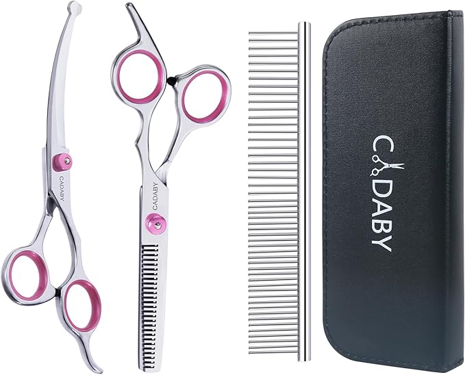Dog Grooming Scissors Kit with Safety Round Tips, 3 in 1 Professional Dog Grooming Scissors, 4CR Stainless Steel Pet Grooming Shears for Dog, Cat,Sharp and Durable, Pink
