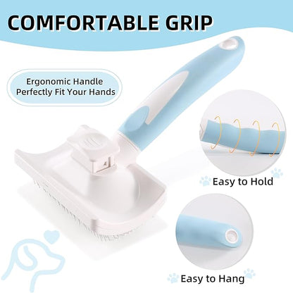 Dog Self-Cleaning Slicker Brush with One Button Fur Removal and Coated Tips Deshedding Brush for Medium or Long Hair Dogs for Massaging Grooming Blue
