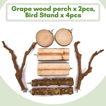 8pcs Brid Perch Bird Cage Accessories 2 Natural Grape Stick Paw Grinding Fork 6 Parrot Stand Bird Toys for Parakeets, Cockatiels, Conure, Budgies