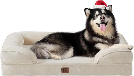 EHEYCIGA Orthopedic XL Dog Beds, Waterproof Memory Foam Dog Bed for Extra Large Dogs, Non-Slip Bottom and Egg-Crate Foam Big Dog Couch Bed with Washable Removable Cover, Beige