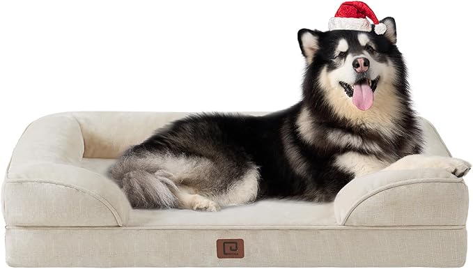 EHEYCIGA Orthopedic Dog Beds for Extra Large Dogs, Waterproof Memory Foam XXL Dog Bed with Sides, Non-Slip Bottom and Egg-Crate Foam Big Dog Couch Bed with Washable Removable Cover, Beige