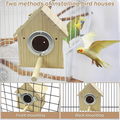 PINVNBY Parakeet Nesting Box Wooden Bird House for Cage Parrot Breeding Mating Box for Lovebirds Cockatiel Finch Cockatoo Canary and Small and Medium-Sized Birds (M: 7.91 * 6.3 * 5.82 inch)