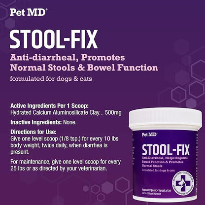 Pet MD Stool-Fix - Powdered Clay Anti Diarrhea for Dogs & Cats - Anti Diarrheal Treatment for Upset Stomach Relief, Promotes Normal Stool - 100g