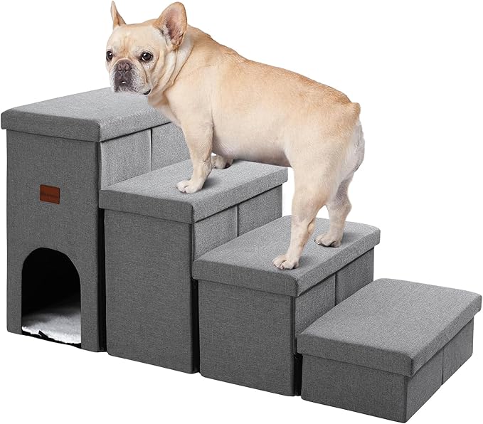 JOLLYVOGUE Dog Steps for Small Dogs, Cat Stairs with Storage, Non-Slip Dog Steps for Beds Couches, Folding Pet Stairs Helper for High Beds, Dog Ramp for Small Dogs and Cats or Pets Friendly, 4-Tiers