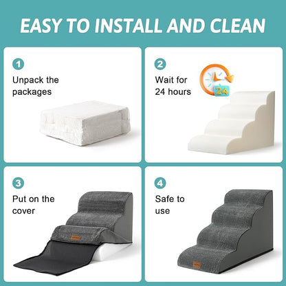 Dog Stairs for Small Dogs, Curved Pet Step with Leakproof Cover, High Density Foam Cat Ramp for Bed or Sofa, Lightweight, Durable, Comfort, 15.7x22.4x15.7 inch, 3 Tiers, Dark Grey