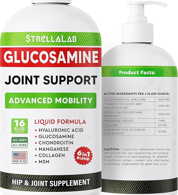 STRELLALAB Liquid Glucosamine for Dogs (16 OZ) - All-Natural Hip & Joint Supplement, Glucosamine Chondroitin Liquid, MSM & Collagen for Dogs Mobility, Joint Pain Relief for Small & Large