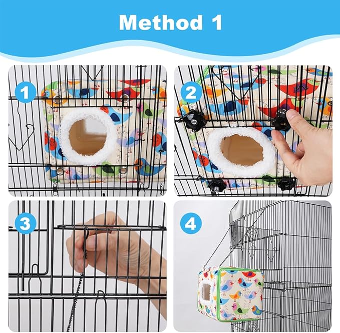 Cotton Bird Bed & Hammock for Cage - Winter Snuggle Nest with Entry Hole, Observation Window & Screw/Chain Mounting for Parakeets, Cockatiels