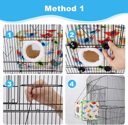 Cotton Bird Bed & Hammock for Cage - Winter Snuggle Nest with Entry Hole, Observation Window & Screw/Chain Mounting for Parakeets, Cockatiels