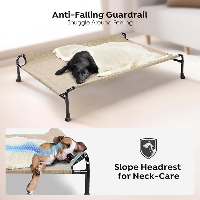 Veehoo Cooling Elevated Dog Bed, Raised Dog Beds for Large Dogs, Outdoor Dog Bed with Guardrail, Upgraded Non-Slip Feet, Breathable Teslin Mesh, Portable Camping Dog Cot, 41 x 27 Inches, Beige Coffee