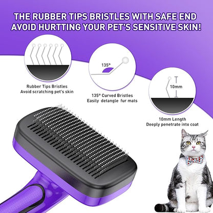 Dog Brush for Shedding, Self-Cleaning Slicker, 3 PCS Kit with Bath Brush & Flea Comb, Ideal for Short & Long Haired Pets, Removes Mats, Tangles, Fur, Gentle on Skin, for All Dogs. Purple