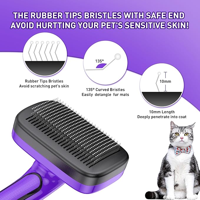 Dog Brush for Shedding, Self-Cleaning Slicker, 4 PCS Kit with Bath Brush, Flea & Steel Combs, Ideal for Short & Long Haired Pets, Removes Mats, Tangles, Fur, Gentle on Skin. Purple