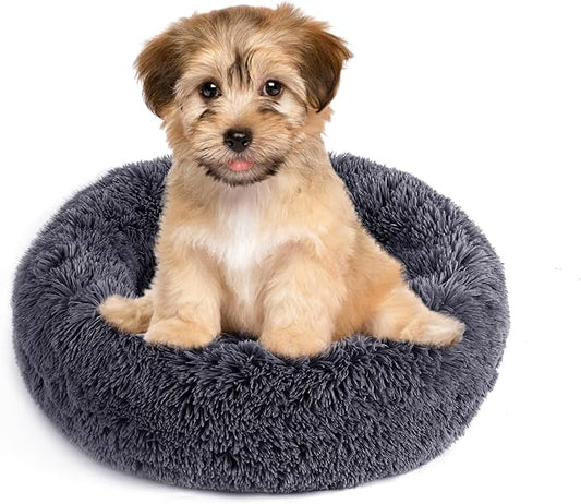 NOYAL Calming Donut Dog Bed for Small to Medium Dogs & Cats - Plush Faux Fur Anti-Anxiety Pet Bed with Machine Washable Cover & Non-Slip Base