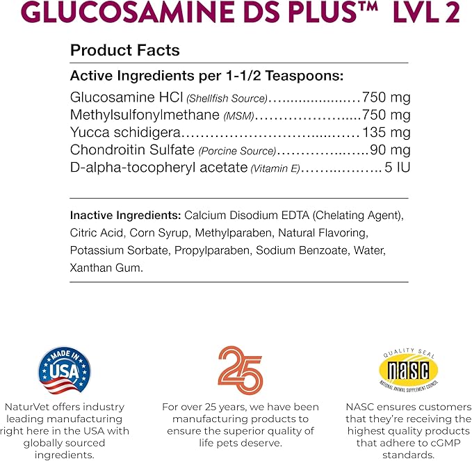 NaturVet Glucosamine DS Plus Hip & Joint Support Liquid Pet Supplement  Level 2 Moderate Care for Dogs & Cats  Includes Glucosamine, MSM, Chondroitin  16 Oz