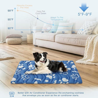 BEAUTYZOO Dog Cooling Mat- Upgraded Thicken Cooling Mat for Large Dogs Reversible(Cool & Warm) Pet Ice Cool Bed Washable & Portable, Summer Crate Pad for Big Dog Puppy Up to 44 lbs, Paw Blue 36X23IN