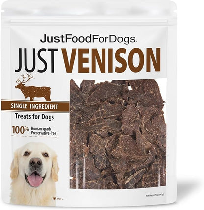 JustFoodForDogs Venison Dog Treats, Single-Ingredient Healthy Dog Treats, Made in The USA, 5 oz