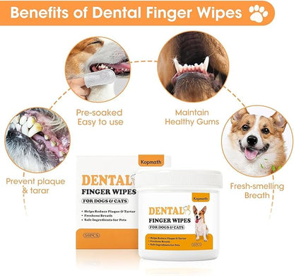 Teeth Cleaning Finger Wipes, Dog Dental Wipes, Reduce Plaque & Tartar, Freshen Breath, Safe & Natural Pet Dental Wipes for Dogs Teeth, Portable Dog Tooth Wipes for Cats,50 Ct,Unscented