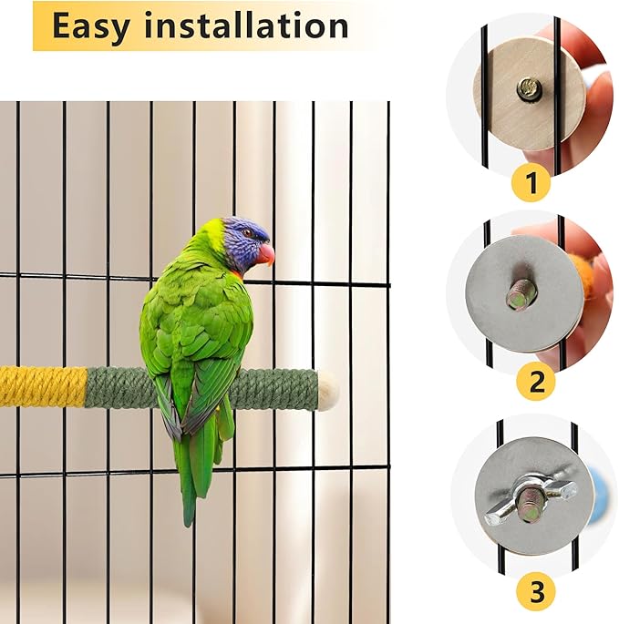 2 PCS 7.4 x 1 inch Bird Perch Parrot Stand Cage Accessories Natural Wooden Stick Paw Grinding Rope-surfaced Chew Toy Standing Rod for Exercise Training Branches (Yellow+Green-2p)