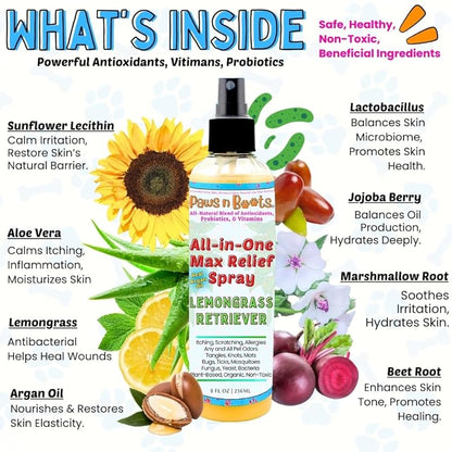 All-in-One Dry Shampoo Spray  100% Natural, Plant-Based. Removes All Pet Odors, Tangles, & Mats. Fast Relief for Itching, Inflammation. Safe to Use on Toys, Clothes, Furniture, Pets. Tear Free. Lemongrass