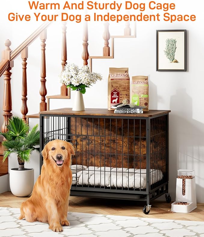 Dog Crate Furniture, 27" Dog Kennel End Table, Wooden Dog Cage with Wheels & Double Doors, Dog Crate Indoor Dog House for Large Medium Dogs, Rustic Brown