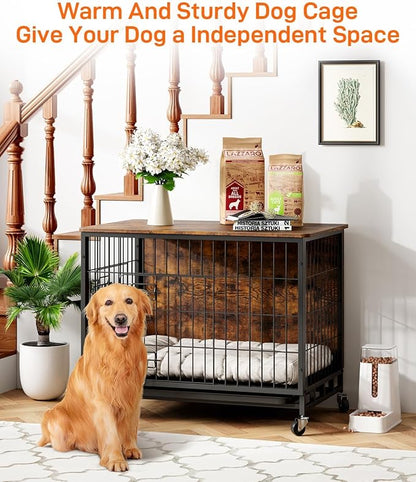 Dog Crate Furniture, 27" Dog Kennel End Table, Wooden Dog Cage with Wheels & Double Doors, Dog Crate Indoor Dog House for Large Medium Dogs, Rustic Brown