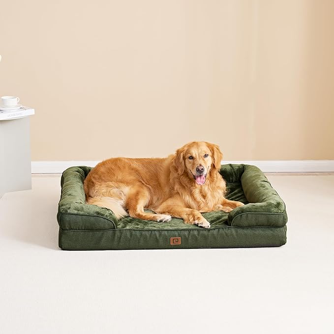 EHEYCIGA Orthopedic Dog Beds for Large Dogs, Waterproof Memory Foam Large Dog Bed with Sides, Non-Slip Bottom and Egg-Crate Foam Large Dog Couch Bed with Washable Removable Cover, Dark Green