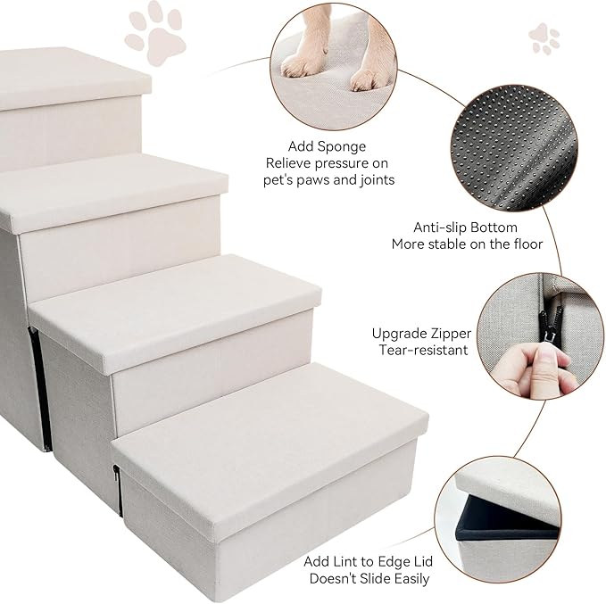 Dog Stairs with Storage 23" H, 4-Step Wider Dog Steps for High Beds Window, Folding Sturdy Pet Stairs Gift for Small/Medium/Large Dogs Cats, Dog Ramp for Climbing Car Hold Up to 200 lbs, Beige Gray