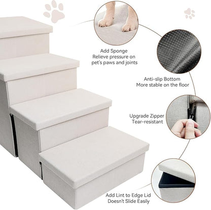 Dog Stairs with Storage 23" H, 4-Step Wider Dog Steps for High Beds Window, Folding Sturdy Pet Stairs Gift for Small/Medium/Large Dogs Cats, Dog Ramp for Climbing Car Hold Up to 200 lbs, Beige Gray