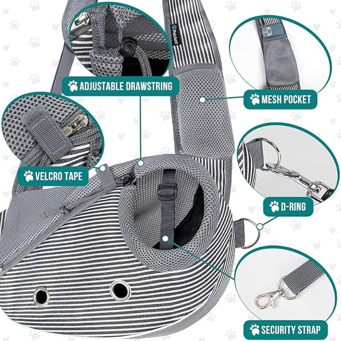 PetAmi Dog Sling Carrier for Small Dogs, Puppy Carrier Sling Purse, Dog Bags For Traveling, Carrying Bag to Wear Medium Cat, Adjustable Crossbody Pet Travel Poop Bag Dispenser, Max 5 lbs, Stripe Black