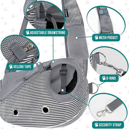 PetAmi Dog Sling Carrier for Small Dogs, Puppy Carrier Sling Purse, Dog Bags For Traveling, Carrying Bag to Wear Medium Cat, Adjustable Crossbody Pet Travel Poop Bag Dispenser, Max 5 lbs, Stripe Black