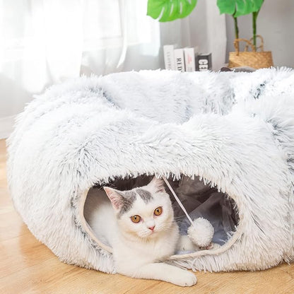 LUCKITTY Warm Fluffy Plush Cat Dog Tunnel Bed Under Christmas Tree Big Tube Playground Toys 3 FT Diameter Longer Crinkle Collapsible 3 Way, for Indoor Cat Kitty Kitten Puppy Rabbit Ferret White