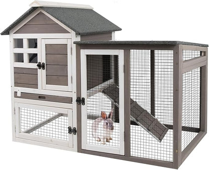 48" L Rabbit Hutch Indoor Outdoor Rabbit Cage with Run, Pull Out Tray, Asphalt Roof Large 2 Story Bunny Hutch Wooden Chicken Coop Guinea Pigs Pet House Cage for Small Animals(Grey)