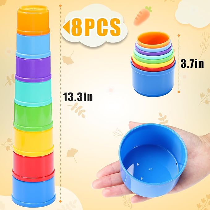 8 Pcs Stacking Cups for Rabbits - Safe Reusable Bunny Toys in Different Sizes, Durable Rainbow Colored Nesting Toys for Small Animals Bunny Hiding Food Playing Bunny Gifts